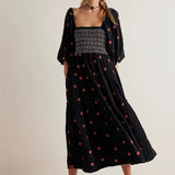 Pbong  Bohemian Floral Dress Women Square Neck Ruffle Swing A Line Maxi Dress Long Sleeve Beach Style Holiday Lady Club Party Dress