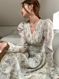 Autumn Print Floral Vintage Long Dress Women V Neck Long Sleeve Bandage Irregular Ruffled Dress Casual Evening Party Dresses New