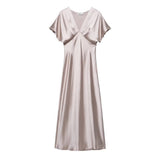 V-neck Flare Sleeve Party Dress Simple All-match Solid Color Satin Long Dress New High Waist Fashion Chic Femme Vestidos