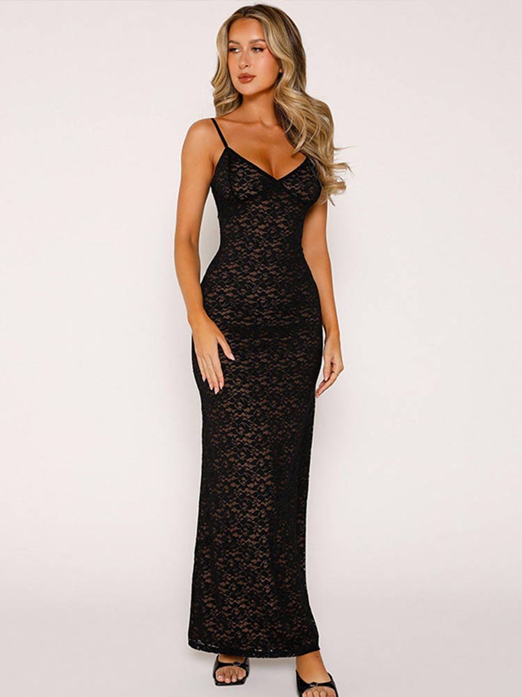 Sexy Solid Lace See Through Women Sling Dresses Fashion Sleeveless Backless Maxi Dress Summer Female Party Club Vestidos