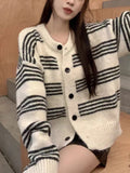 Women Cardigan Sweater Striped Crew Neck Button-up Sweater Jacket Comfy Cozy Slouchy Cardi Autumn Winter French Chic Outfit