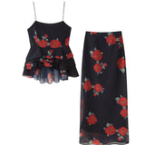 Slim Ruffles Flower Print Sling Top+ Skirts Suit Women's Sleeveless Vest Hip Package Skirt 2 Pieces Set 2025 New Lady Outfits