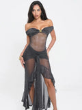 Mesh See Through Ruffled Sexy Maxi Dress For Women Gown Gray Off-shoulder Strapless Backless Ruched Long Dress Vestido