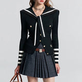 Preppy Style Knitted Cardigan Women Striped Sailor Collar Cute Long Sleeve Sweater Elegant Sweet Autumn Winter Cardigan