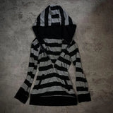 Lunivop  Y2k Women Hoodie Black And Gray Striped Hooded Sweatshirt Contrast Trim Cropped Hem Zip Up Hoodie Long Sleeve Sweatshirt