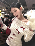 Sweet Bow Knitted Pullover Women Off Shoulder Sexy Long Sleeve Sweaters Korean Style Kawaii Autumn Winter Pullovers