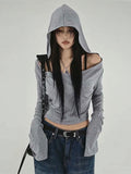 Vintage Hoodie Long sleeve T shirt Women Y2k Gray Off shoulder Top Sexy Cropped Tees Shirt Basic Blouse 2025 Fashion Streetwear