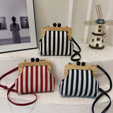 Pbong  Vintage Striped Crossbody Bag, Wooden Frame Kiss Lock Clutch with Adjustable Strap, Retro Casual Shoulder Purse for Women