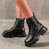 Pbong  New Fashion Winter motorcycle Boots For Women Lace-up Mid-calf Boots Black White Winter Spring Pu Hiking Shoes
