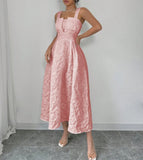 Pbong  Women's Blush Pink Square Neck Cutout Wide Strap Jacquard Fit & Flare Midi Dress Spring Summer Elegant Sweet Daily Party Dress