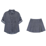 Fake Denim Fashion Spring Summer Outfits 2025 New Lapel Blouse Top And Short Skirt Two Piece Set Streetwear Shirts + Pleat Skirt