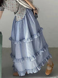 Pbong  Korean Ruffles Plaid Long Skirts Women High Waist Loose Elegant Skirt Vintage Preppy Style Casual Female Sweet Dance Skirt