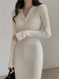 Vintage Knitted Long Sleeve Dresses Women Slim Bodycon Korean Elegant Dress Lady Winter Buttons V Neck Sweater Midi Dress