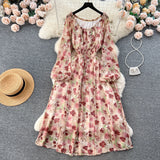 Pbong  Women Dress Spring and Autumn Fashion Print Floral Elastic Waist A-line Chiffon Dress Korean Beach Long Robe Femme