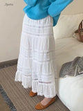 Embroidered Hollow Lace Spliced White Long Skirt 2025 Spring Summer New Elastic Waist Cotton A-line Vacation Beach Boho Skirt