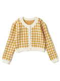 Women Checkerboard Crop Knit Cardigan Sweater Long Sleeve Button-up Box-fit Plaid Knit Top Teenage Girls Outfit