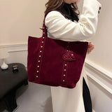 Pbong  New Faux Suede Casual Tote Bags Large Capacity Rivet Vintage Handbags Designer Elegant Solid Retro Shoulder Bags