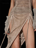 Sexy Vintage Mini Dress Off Shoulder Sleeveless Hooded Draw String Ruched  High Split Khaki Summer Slim Vestido