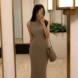 Pbong  Elegant Long Knitted Sleeveless High Collar Bodycon Dress Sexy Pure Color Korean Dongdaemun Style Comfortable Fit Dress