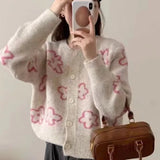 Cute Floral Knitted Cardigan for Women Cozy O-neck Button Front Sweater Jacket Teen-girl Fall Winter Korean Fashion Outfit