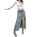 Pbong  High Waist Denim Mini Skirt Women's Slimming A- Line Long Skirt Side Slit Vintage Artistic Elegant Cotton Polyester Blend