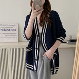 Women Cardigan Sweater Varsity Striped Front Pocket Long Sleeve Button-up Knit Sweater Jacket College Student Girl Preppy Style