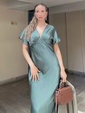 V-neck Flare Sleeve Party Dress Simple All-match Solid Color Satin Long Dress New High Waist Fashion Chic Femme Vestidos