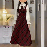 Pbong  Single Piece School Style Japanese Plaid Strap Dress Women Student Waist Cinching Slimming Midi Length Overalls Skirt Set