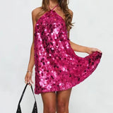 Pbong  Women Sparkly Sequin Halter Mini Dress Elegant Backless Disco Party Dress Summer Sexy Night Out Cocktail Club Dress