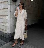 Elegant Beige Women Linen Dress Puff Sleeve Long Backless Button Dress Ladies V-Neck Cotton Dress Soft Fashion