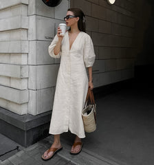 Elegant Beige Women Linen Dress Puff Sleeve Long Backless Button Dress Ladies V-Neck Cotton Dress Soft Fashion
