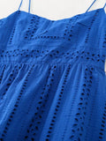 Fashion Hollow Out Embroider Spaghetti Strap Long Dress Blue Vaation Beach Casual Women Dress Loose Female Summer Vestidos