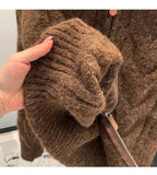 Women Autumn Winter New Lazy Style Loose Knitted Cardigan Retro Solid Color Double Zipper Turn-down Collar Sweater New Women Top