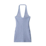 Halter Neck Single Breasted Knit Women Dress Sleeveless Tight Blue Summer Short Dress New Sexy French Woman Clothing