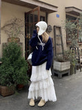 Korean Fashion White Ruffle Lace Skirt Women Fairycore Vintage High Waist Irregular Patchwork Long Skirt Cute Streetwear