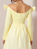 Pbong  Sweet Elegant Women Spring Summer Light Yellow One Shoulder Bow Dress Long Sleeve Waist Slimming Medium Length Princess Dress
