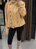 Pbong  Jacquard Stripe Floral Jacket Ruffle Collar Button Front Autumn Women Vintage Sweet  Fashion Outfit Date Trendy Outerwear