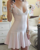 pink knit flower strap black V-neck dress short for women