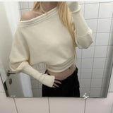 Pbong  Cozy Style Autumn New Loose Casual Shoulder Bared Knitted Sweater Long Sleeve Batwing Sleeve Overhead for Women Comfortable
