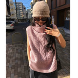 Cable Knit Turtleneck Sweater Vest for Women Cozy Funnel Neck Sleeveless Knit Top Jumper Pullovers Ladies Casual Chic Outfit