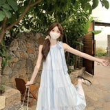 Pbong  Women's Light Green Sleeveless Halter Maxi Dress Ruffle Tiered Loose Chiffon Casual Summer Beach Party Long Dress