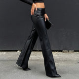 Pbong  Basic Solid Pu Leather Flare Pants Casual Slim Folds Low-Waisted Wide Leg Pants Women Autumn Spring Streetwear Office Lady