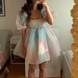 Pbong  Women's Short Puff Sleeve Off Shoulder Square Neck Fairy Mini Tie Dye Party Prom High Waist Tulle Princess Dress