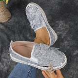 Pbong  Women's Gold Silver Bowtie Sequin Flats Shiny Crystal Thick Sole Platform Loafers Ladies Light Comfort Non Slip Casual Shoes