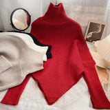 Asymmetric Knit Poncho Sweater for Women Soft Rib-knit Turtleneck Long Sleeve Pullovers Female Tops Autumn Winter Casual Outfit