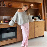 Fluffy Mohair Off Shoulder Cropped Sweater Oversize Slouchy Long Sleeve 2025 Autumn Cozy Women Knit Top Trendy Sweet Lady Jumper