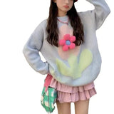 Pbong  Korean Style Lazy Sweet Soft Sweater Women's Autumn Winter New Model 3D Flower Design Knitted Long Sleeve round Neck Pullover