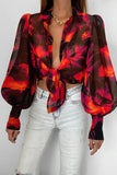 Pbong  Office ladies elegant top, fashionable button up long sleeved shirt, retro women's printed lantern sleeve shirt