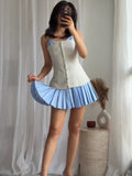 Fashion Women Single Breasted Sleeveless Vest Mini Dress Elegant Pleated Hem Contrast Color Vestdios Chic High Street Robes