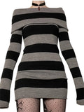 Pbong  Women Autumn Dress Striped Boat-Neck Long Sleeve Bodycon Short Dress Y2K Gothic Wrapped Hip Party Dresses